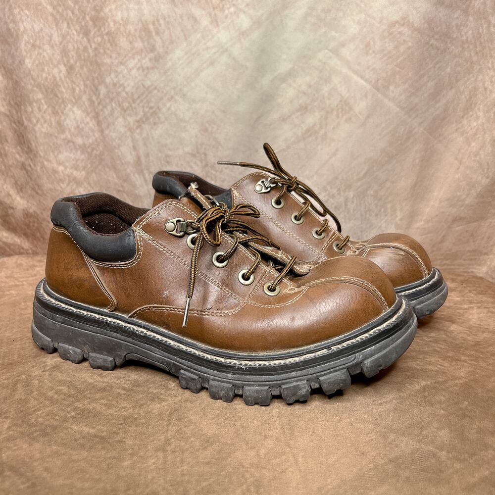 Vintage 90s State Street Faux Leather Low Cut Boots Lace Up Brown Mens 10.5 Y2K